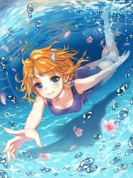  air_bubble baizu_(guszx) blue_eyes blush breasts brown_hair bubble diving female flower full_body hair_ornament hairpin holding_breath kamome_narumi looking_at_viewer medium_breasts outstretched_arms petals pink_flower school_swimsuit shironeko_project short_hair smile solo swimming swimsuit underwater water 