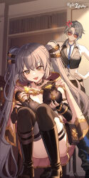  2girls :3 absurdres anger_vein bare_shoulders black_boots black_choker black_gloves black_shirt black_thighhighs blue_necktie boots cape choker coin collared_shirt convenient_leg crop_top elbow_gloves english_commentary epic_seven fingerless_gloves gloves gold_trim grey_hair hand_on_own_hip highres holding holding_coin knee_boots long_hair midriff miniskirt money_bag multiple_girls nail_polish necktie official_art open_mouth pink_skirt pleated_skirt rinak_(epic_seven) robin_(epic_seven) round_eyewear shirt skirt sleeveless sleeveless_shirt smile spaghetti_strap squatting strap_gap sunglasses thigh_strap thighhighs twintails very_long_hair yellow_eyes 
