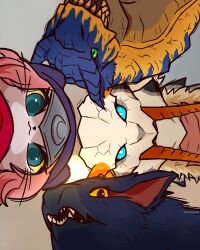  2024 absurd_res ambiguous_form ambiguous_gender artist_name barioth beak black_markings black_nose blue_body blue_eyes blue_fur blue_sclera blue_skin brown_eyes capcom closed_smile clothed clothed_ambiguous clothing coolaise digital_media_(artwork) domestic_cat dragon european_mythology eyelashes fangs felid feline felis felyne female_(lore) flying_wyvern fur glistening glistening_eyes green_eyes grey_beak grey_markings group hair headgear headwear hi_res light long_neck looking_at_viewer low-angle_view lynian mammal markings monster_hunter monster_hunter_stories_2:_wings_of_ruin mouth_closed multicolored_body multicolored_fur multicolored_skin mythological_creature mythological_scalie mythology nargacuga no_sclera open_mouth orange_teeth outside palico pink_hair pointy_ears prick_ears pupils red_inner_ear scalie shaded sharp_teeth smile spikes spikes_(anatomy) sun teal_eyes teeth text tigrex tsukino_(monster_hunter_stories) two_tone_body two_tone_fur western_dragon whiskers white_body white_fur white_pupils white_skin worm&#039;s-eye_view wyvern yellow_body yellow_sclera yellow_skin 