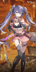  :3 absurdres armor between_fingers black_boots black_choker black_gloves black_shirt black_thighhighs boots breasts capelet choker cleavage coin crop_top dagger elbow_gloves english_commentary epic_seven female fingerless_gloves frills garter_straps gloves gold_trim hand_on_own_hip highres holding holding_dagger holding_knife holding_weapon knee_boots knife long_hair looking_at_viewer medium_breasts midriff miniskirt nail_polish navel official_art pauldrons pink_capelet pink_skirt pleated_skirt purple_hair reverse_grip rinak_(epic_seven) shirt shoulder_armor single_garter_strap single_pauldron skirt sleeveless sleeveless_shirt smile solo spaghetti_strap stomach sword thighhighs treasure_chest twintails very_long_hair weapon yellow_eyes 