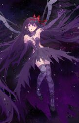  absurdly_long_hair akemi_homura akuma_homura argyle_clothes argyle_thighhighs armlet bare_shoulders black_collar black_dress black_shoes black_wings bow center_opening collar detached_collar dress elbow_gloves eyelashes feather-trimmed_dress feathered_wings female floating floating_hair full_body gloves grey_thighhighs hair_between_eyes hairband hairbow high_collar highres jewelry light_particles long_dress long_hair looking_ahead mahou_shoujo_madoka_magica mahou_shoujo_madoka_magica:_hangyaku_no_monogatari open_mouth outstretched_arm paiiart purple_eyes purple_gloves purple_hair purple_thighhighs red_bow red_hairband shoes side_slit smile solo space sparkle spread_wings strapless strapless_dress teeth thighhighs twitter_username two-tone_thighhighs very_long_hair wings 