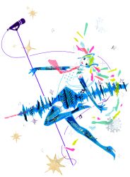  :d \m/ abstract beamed_eighth_notes black_eyes blonde_hair blue_boots blue_gloves blue_skirt boots cable collared_shirt commentary_request dynamic_pose elbow_gloves female from_side garter_straps gloves green_hair hair_ornament hatsune_miku heart high_heel_boots high_heels holding holding_microphone_stand knee_up long_hair looking_at_viewer masking_tape_(medium) microphone microphone_stand mixed_media multicolored_hair musical_note necktie open_hand pink_hair pole_dancing red_hair red_necktie ryono shirt shoulder_tattoo skirt sleeveless sleeveless_shirt smile solo sound_wave sparkle star_(symbol) tattoo thigh_boots traditional_media twintails unconventional_media very_long_hair vocaloid web_address white_background white_shirt 