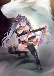  absurdres armor bare_shoulders belt black_boots black_choker black_shirt black_thighhighs boots breasts capelet choker cleavage crop_top dagger elbow_gloves english_commentary epic_seven female fingerless_gloves frills gloves gold_trim grin highres holding holding_dagger holding_knife holding_weapon knee_boots knife long_hair looking_at_viewer medium_breasts midriff miniskirt navel panties panty_peek pauldrons pink_capelet pink_skirt pleated_skirt purple_hair reverse_grip rinak_(epic_seven) shirt shoulder_armor single_pauldron skirt sleeveless sleeveless_shirt smile solo spaghetti_strap squatting stomach thighhighs tinkst twintails underwear v-shaped_eyebrows very_long_hair weapon yellow_eyes 