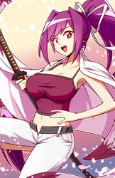  armpits artist_name breasts cherry_blossoms cleavage collarbone commentary crop_top english_commentary eyebrows_visible_through_hair gradient gradient_background hair_ribbon highres jacket_on_shoulders large_breasts leg_up looking_at_viewer lyn_(shunao) magenta_eyes midriff navel open_mouth pants purple_hair ribbon solo sword unbuttoned unbuttoned_pants under_night_in-birth weapon white_pants yuzuriha_(under_night_in-birth) 