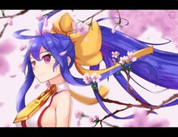  antenna_hair blazblue blazblue:_central_fiction bow breasts chaoschao cherry_blossoms commentary_request female hairbow halterneck large_breasts letterboxed mai_natsume pink_eyes purple_hair sideboob sidelocks yellow_bow 