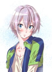  1boy androgynous blue_eyes blush collarbone commentary_request eyelashes grey_hair jacket lens_flare looking_at_viewer male_focus maruta open_clothes open_jacket simple_background solo totsuka_saika yahari_ore_no_seishun_lovecome_wa_machigatteiru. 