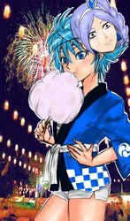  artist_request blue_eyes blue_hair cotton_candy cure_berry fireworks fresh_precure! hot_pants mask nishijima_waon precure short_hair short_shorts shorts solo suite_precure 