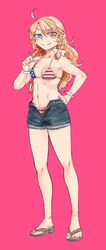  american_flag american_flag_bikini american_flag_print bikini black_shorts blonde_hair blue_eyes commentary_request denim denim_shorts female flag_print full_body highres kirisame_marisa long_hair no_shirt open_fly ponke print_bikini sandals shorts solo swimsuit touhou unzipped 