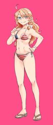  american_flag american_flag_bikini american_flag_print bikini blonde_hair blue_eyes commentary_request female flag_print full_body highres kirisame_marisa long_hair ponke print_bikini sandals solo swimsuit touhou 