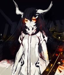  abyssal_ship anchorage_water_oni bad_id bad_twitter_id black_hair colored_skin dress female horns kantai_collection long_hair miyashita_miro orange_eyes solo very_long_hair white_dress white_skin 