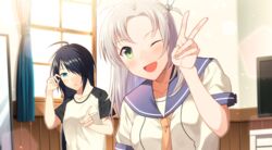  2girls bad_id bad_pixiv_id black_hair blue_eyes commentary_request curtains green_eyes grey_hair hair_over_one_eye kako_(kancolle) kantai_collection kinugasa_(kancolle) long_hair multiple_girls neckerchief one_eye_closed one_side_up open_mouth remodel_(kantai_collection) sahuyaiya sailor_collar school_uniform serafuku short_sleeves smile v window yellow_neckerchief 