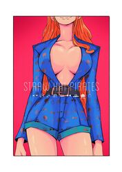  belt blue_outfit breasts curvy earrings female high_resolution jewelry large_breasts long_hair nami_(one_piece) one_piece one_piece:_two_years_later orange_hair piercing pink_background pixiv_id_9552833 simple_background smile thighs twitter 