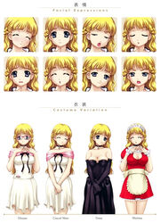  absurdres angry bare_shoulders black_dress black_gloves blonde_hair blue_eyes blush braid breasts choker cleavage closed_eyes costume_chart dress expressions female glasses gloves happoubi_jin headdress highres large_breasts long_hair maid maid_headdress multiple_views open_mouth photoshop_(medium) reference_sheet resort_boin ribbon smile tsukushino_mitsugu white_dress 