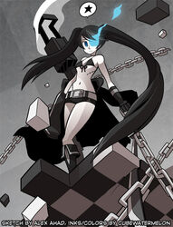  alex_ahad bad_id bad_tumblr_id bare_shoulders belt bikini bikini_top_only black_bikini black_gloves black_hair black_rock_shooter black_rock_shooter_(character) black_shorts blue_eyes cannon chains checkered_floor collaboration expressionless female flaming_eye flat_chest full_body gloves gun long_coat long_hair mary_cagle navel no_shirt off_shoulder pale_skin scar short_shorts shorts smoke smoking_barrel solo spoken_star star_(symbol) stomach swimsuit twintails uneven_twintails very_long_hair weapon 