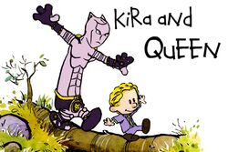  2boys balancing bill_watterson_(style) blonde_hair calvin_&amp;_hobbes calvin_(calvin_&amp;_hobbes) commentary_request fallen_tree formal full_body grass hobbes_(calvin_&amp;_hobbes) jojo_no_kimyou_na_bouken killer_queen kira_yoshikage multiple_boys parody purple_suit rock simple_background stand_(jojo) suit tree tydaguy46 walking white_background 