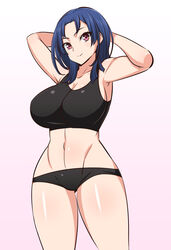  active_raid arms_up black_panties blue_hair blush closed_mouth collarbone commentary_request cowboy_shot female gabao_(mattari_2019) gradient_background hoshimiya_haruka looking_at_viewer midriff navel panties red_eyes short_hair simple_background smile solo standing stomach taut_clothes toned underwear 