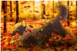  2018 ambiguous_gender ass_up autumn avoid_posting blue_eyes blue_nose blurred_background border canid canine canis claws day detailed_background digital_media_(artwork) digitigrade domestic_dog falling_leaves feral forest fur heathenfang hi_res leaf lens_flare long_fur mammal object_in_mouth outside paws plant play_bow_pose playful raised_tail side_view snout solo striped_body striped_fur stripes tail tree white_border 