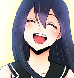  :d aibi12634761 bad_id bad_pixiv_id blue_hair closed_eyes facing_viewer female gokukoku_no_brynhildr happy kuroha_neko long_hair open_mouth portrait smile solo 