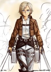  autumn-north belt blue_eyes boots cropped_jacket dual_wielding emblem female flat_chest frown garrison_regiment_(emblem) glasses holding knee_boots paradis_military_uniform rico_brzenska rimless_eyewear shingeki_no_kyojin short_hair silver_hair solo suspenders sword thick_eyebrows thigh_strap three-dimensional_maneuver_gear uniform weapon 