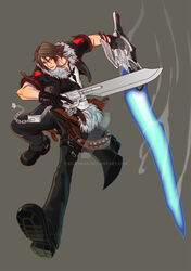  black_gloves blue_eyes boots brown_hair dual_wielding final_fantasy final_fantasy_viii fingerless_gloves gloves gunblade highres holding jewelry kilayman lionheart male_focus necklace pendant short_sleeves solo squall_leonhart trigger_discipline weapon 