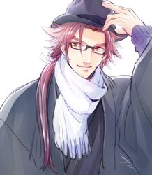  1boy adjusting_clothes adjusting_headwear bespectacled coat commentary_request contemporary fedora glasses hat long_hair long_sideburns male_focus masato_(oal) ponytail red_hair scarf sideburns simple_background smile solo tonbokiri_(touken_ranbu) touken_ranbu upper_body white_background winter_clothes yellow_eyes 