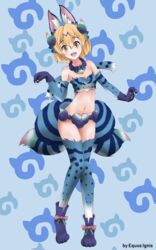  :d absurdres animal_ears animal_hands artist_name bare_shoulders beads blonde_hair blue_background boots breasts claws commentary elbow_gloves english_commentary equus_ignis fangs female full_body gloves hair_between_eyes highres japari_symbol kemono_friends knees_together_feet_apart looking_at_viewer medium_breasts midriff multicolored_clothes multicolored_legwear multiple_tails navel open_mouth paw_gloves prayer_beads print_thighhighs serval_(kemono_friends) shiisaa_right shiserval_right short_hair simple_background smile solo standing standing_on_one_leg striped_tail tail thighhighs two_tails yellow_eyes 