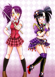  2girls :d black_eyes black_hair commentary_request cosplay costume_switch crossover highres hoshikawa_tsukimi idol look-alike mahora_academy_middle_school_uniform mahou_sensei_negima! microphone midriff multiple_girls navel open_mouth plaid plaid_skirt pretty_series pripara purple_hair sakurazaki_setsuna sakurazaki_setsuna_(cosplay) school_uniform side_ponytail skirt smile sword toudou_shion toudou_shion_(cosplay) weapon yellow_eyes 