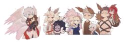  4girls 6+boys blonde_hair blue_eyes blush_stickers brown_hair chibi closed_eyes colored_skin commentary_request cropped_legs cropped_torso europa_(granblue_fantasy) gabriel_(granblue_fantasy) godsworn_alexiel granblue_fantasy green_eyes grey_eyes grey_hair grimnir_(granblue_fantasy) gucha_(netsu) hair_ornament heterochromia long_hair lucifer_(shingeki_no_bahamut) michael_(granblue_fantasy) multiple_boys multiple_girls orange_hair purple_skin raphael_(granblue_fantasy) red_eyes red_hair sandalphon_(granblue_fantasy) shiva_(granblue_fantasy) short_hair simple_background size_difference snake sparkle tiara uriel_(granblue_fantasy) white_background white_hair wings 