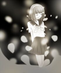  aibi12634761 arms_behind_back bad_id bad_pixiv_id closed_eyes female gokukoku_no_brynhildr greyscale hairband mizuka monochrome petals school_uniform skirt smile solo 