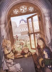  6+boys 6+girls ^_^ aged_down armchair black_gloves blonde_hair blue_hair book brady_(fire_emblem) brick_wall brown_eyes building chair closed_eyes cloud commentary_request cynthia_(fire_emblem) dress dual_persona dutch_angle fire_emblem fire_emblem_awakening flower gerome_(fire_emblem) gloves green_hair grin head_wreath highres holding holding_book hood inigo_(fire_emblem) kjelle_(fire_emblem) laurent_(fire_emblem) layered_dress leaning_out_of_window light_rays lissa_(fire_emblem) lolicon long_sleeves lucina_(fire_emblem) maeka_(kumaekake) morgan_(female)_(fire_emblem) morgan_(fire_emblem) morgan_(male)_(fire_emblem) multiple_boys multiple_girls nah_(fire_emblem) noire_(fire_emblem) open_book open_mouth open_window owain_(fire_emblem) plant potted_plant rabbit red_hair robin_(fire_emblem) robin_(male)_(fire_emblem) severa_(fire_emblem) sitting sitting_on_lap sitting_on_person sky smile standing stitches twintails white_hair wide_sleeves window yarne_(fire_emblem) 