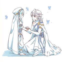  1boy aged_down aqua_hair azura_(fire_emblem) azura_(young)_(fire_emblem) barefoot blue_butterfly bug butterfly closed_mouth commentary corrin_(fire_emblem) corrin_(male)_(adrift)_(fire_emblem) corrin_(male)_(fire_emblem) elbow_gloves female fingerless_gloves fire_emblem fire_emblem_fates fire_emblem_heroes from_side gloves long_hair pointy_ears red_eyes short_hair simple_background smile standing symbol-only_commentary veil white_background white_gloves white_hair yoshihi_co 