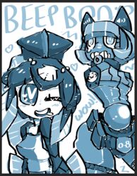  2girls ;) bad_id bad_tumblr_id belt_pouch blue_theme blush fins fish_girl gats_(nougats) hair_ornament head_fins joints minette_(skullgirls) monochrome monster_girl multiple_girls no_arms one_eye_closed pouch power_symbol robo-fortune robot_girl robot_joints shell skullgirls smile 