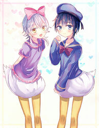  2boys :d abandon_ranka blue_eyes blue_hair bow commentary_request cosplay daisy_duck daisy_duck_(cosplay) disney donald_duck donald_duck_(cosplay) donald_duck_sailor_hat hairbow hat heart male_focus mikazuki_munechika multiple_boys open_mouth pantyhose sailor sailor_hat smile touken_ranbu tsurumaru_kuninaga white_hair yellow_eyes yellow_legwear 