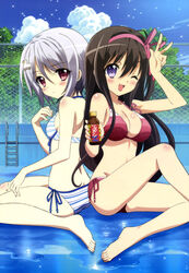  2girls absurdres back-to-back barefoot bikini black_hair blush breasts cleavage cloud day drink empty_pool feet grey_hair hair_ornament hairband hairclip highres legs long_hair looking_back medium_breasts multiple_girls noda_yasuyuki non-web_source nyantype official_art one_eye_closed open_mouth ore_no_nounai_sentakushi_ga_gakuen_love-comedy_wo_zenryoku_de_jama_shiteiru outdoors pink_hairband pool pool_ladder purple_eyes red_eyes sheep_hair_ornament short_hair side-tie_bikini_bottom sky small_breasts striped_bikini striped_clothes swimsuit v very_long_hair water wet yukihira_furano yuuouji_ouka 