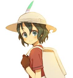  backpack bag black_gloves black_hair blue_eyes blush commentary_request female from_side gloves hair_between_eyes hat hat_feather helmet holding_strap jpeg_artifacts kaban_(kemono_friends) kemono_friends looking_at_viewer miyuu no_nose pith_helmet red_shirt shirt short_hair short_sleeves shorts simple_background smile solo tareme upper_body wavy_hair white_background white_hat 