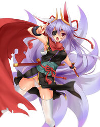  animal_ears armpits cameltoe commentary_request eyepatch female fox_ears fox_tail hair_ornament highres japanese_clothes kuon_(shinrabanshou) kurokage oerba_yun_fang open_mouth panties purple_hair red_eyes red_scarf scarf shinrabanshou simple_background solo tail underwear white_background white_legwear white_panties 