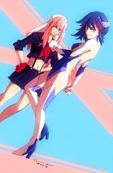  2girls ass birdy_cephon_altera birdy_cephon_altera_(cosplay) black_hair blue_eyes blue_leotard boots breasts chromatic_aberration commentary_request cosplay costume_switch crossover elbow_gloves from_behind gloves high_heels kill_la_kill leotard long_hair matoi_ryuuko matoi_ryuuko_(cosplay) medium_breasts multicolored_hair multiple_girls pink_hair red_hair school_uniform shoes short_hair smile snowlily suspenders tetsuwan_birdy tetsuwan_birdy_decode thigh_boots thighhighs trait_connection two-tone_hair 