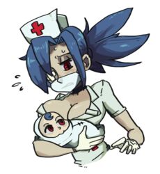  +_+ baby bad_link blue_hair breasts choker cleavage eyepatch female flying_sweatdrops gats_(nougats) gloves hair_over_one_eye hat large_breasts mask mother_and_child mouth_mask nurse nurse_cap ponytail red_eyes skullgirls surgical_mask valentine_(skullgirls) white_gloves 