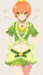  choker commentary_request crown dated etsuo female gloves green_eyes green_gloves green_skirt hands_on_own_hips hoshizora_rin jewelry looking_at_viewer love_live! love_live!_school_idol_project midriff music_s.t.a.r.t!! navel necklace orange_hair short_hair skirt smile solo 