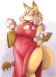  accessory anthro asian_clothing big_breasts biped breasts brown_eyes canid canine chinese_clothing chinese_dress cleavage clothed clothing container cup curvy_figure dress east_asian_clothing female fox hair hair_accessory hairclip hi_res kemono long_hair mammal menu multicolored_hair service_menu setouchi_kurage simple_background slightly_chubby smile solo standing tea_cup teapot thick_thighs tray voluptuous white_background 