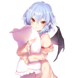  bat_wings blue_hair capelet commentary_request female hugging_object kinketsu long_sleeves looking_at_viewer nightgown pillow pillow_hug pink_eyes pointy_ears remilia_scarlet solo touhou wings 