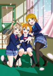  3girls :d bag black_pantyhose black_socks blazer blue_eyes brown_eyes brown_hair cherry_blossoms commentary_request curtains day hand_on_another&#039;s_shoulder hands_on_another&#039;s_shoulders indoors jacket kneehighs kneeling koizumi_hanayo kosaka_honoka long_hair looking_at_viewer love_live! love_live!_school_idol_project minami_kotori multiple_girls official_style one_eye_closed one_side_up open_mouth orange_hair otonokizaka_school_uniform outstretched_arm outstretched_hand pantyhose petals plaid plaid_skirt pleated_skirt printemps_(love_live!) purple_eyes school school_bag school_uniform sitting skirt sky smile socks takamin_apaman window 