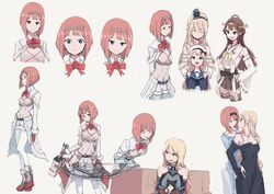  5girls ark_royal_(kancolle) arrow_(projectile) bad_id bad_twitter_id beige_background bismarck_(kancolle) blonde_hair blue_eyes blunt_bangs bob_cut bow_(weapon) breasts brown_hair cleavage_cutout clothing_cutout commentary_request corset expressions eye_contact fingerless_gloves flat_chest flight_deck gloves hairband highres jervis_(kancolle) kantai_collection kongou_(kancolle) long_hair long_sleeves looking_at_another mikiki multiple_girls multiple_views pantyhose quiver red_hair red_ribbon ribbon short_hair shorts simple_background small_breasts thighhighs tiara tsurime warspite_(kancolle) weapon white_pantyhose white_shorts yuri 