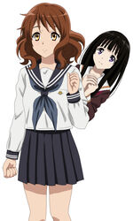  2girls black_hair brown_eyes brown_hair chitanda_eru commentary_request company_connection cosplay costume_switch cp9a crossover hibike!_euphonium hyouka kamiyama_high_school_uniform_(hyouka) kitauji_high_school_uniform kyoto_animation long_hair multiple_girls oumae_kumiko photoshop_(medium) purple_eyes school_uniform serafuku short_hair skirt smile wavy_hair 