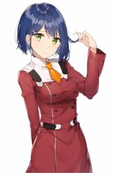  arm_up blue_hair blush breasts closed_mouth commentary cosplay darling_in_the_franxx dress female fingernails green_eyes ichigo_(darling_in_the_franxx) long_sleeves looking_at_viewer md5_mismatch medium_breasts military military_uniform necktie orange_necktie red_dress resolution_mismatch rikoma short_hair short_necktie simple_background smile solo uniform white_background zero_two_(darling_in_the_franxx) zero_two_(darling_in_the_franxx)_(cosplay) 