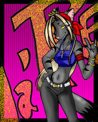  4:5 anthro bandana belt black_border blonde_hair border breasts canid canine canis cherushi clothed clothing dipstick_tail ear_piercing felid female fur grey_body grey_fur hair hybrid ja&#039;ren kerchief low_res mammal markings multicolored_tail navel pantherine piercing pink_background shirt simple_background solo stripes tail tail_markings tank_top tiger topwear wolf yellow_sclera 