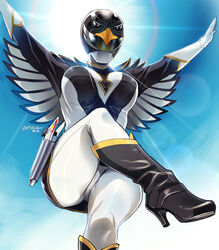  arms_up black_condor boots breasts choujin_sentai_jetman commentary_request dated female genderswap_(mtf) gun handgun helmet high_heels highres medium_breasts rule_63 solo sunlight super_sentai thighs weapon wings yajiro_masaru 