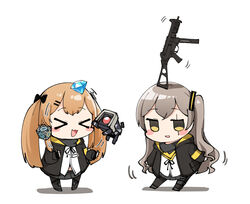  &gt;_&lt; 2girls :3 :d armband balancing balancing_on_head black_gloves black_jacket black_pantyhose blush blush_stickers brown_hair chibi closed_eyes commentary core_(girls&#039;_frontline) cube detergent diamond_(gemstone) dinergate_(girls&#039;_frontline) fingerless_gloves girls&#039;_frontline gloves grey_hair gun hair_ornament hairclip highres hood hood_down hooded_jacket jacket juggling junsuina_fujunbutsu long_hair looking_at_viewer multiple_girls non-humanoid_robot object_on_head one_side_up open_clothes open_jacket open_mouth pantyhose robot sangvis_ferri scar scar_across_eye scar_on_face simple_background smile submachine_gun twintails ump45_(girls&#039;_frontline) ump9_(girls&#039;_frontline) weapon white_background xd yellow_armband 