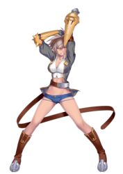  212_(kisaragi) arms_up bad_id bad_pixiv_id belt blazblue blazblue:_chronophantasma blue_shorts boots breasts brown_eyes brown_hair bullet_(blazblue) cleavage crop_top dark-skinned_female dark_skin denim denim_shorts female full_body gameplay_mechanics gauntlets grin highres large_breasts looking_at_viewer micro_shorts midriff navel short_hair shorts smile solo torn_clothes transparent_background 