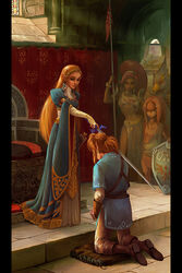  3girls blue_dress blue_tunic brown_footwear daruk dress fine_art_parody kneeling knighting link long_dress lothlenan master_sword mipha multiple_boys multiple_girls parody pillarboxed princess_zelda revali sword the_accolade the_legend_of_zelda the_legend_of_zelda:_breath_of_the_wild tunic urbosa watermark weapon web_address 